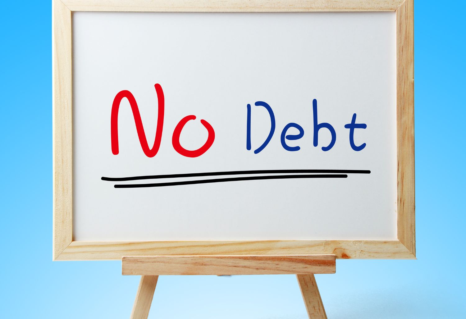 Whiteboard with text no debt is on the blue background. Tailored Debt Recovery concept.